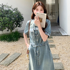 牛仔裙子女夏2025新款收腰显瘦胖MM休闲时尚绣花牛仔连衣裙长裙，女装连衣裙，红龙果