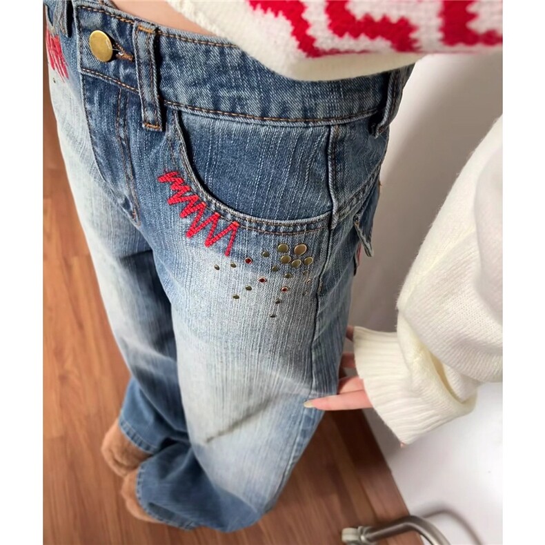 美式复古刺绣阔腿牛仔裤女新款设计感宽松显瘦拖地裤子LH033-P51,男装牛仔裤,星座1008