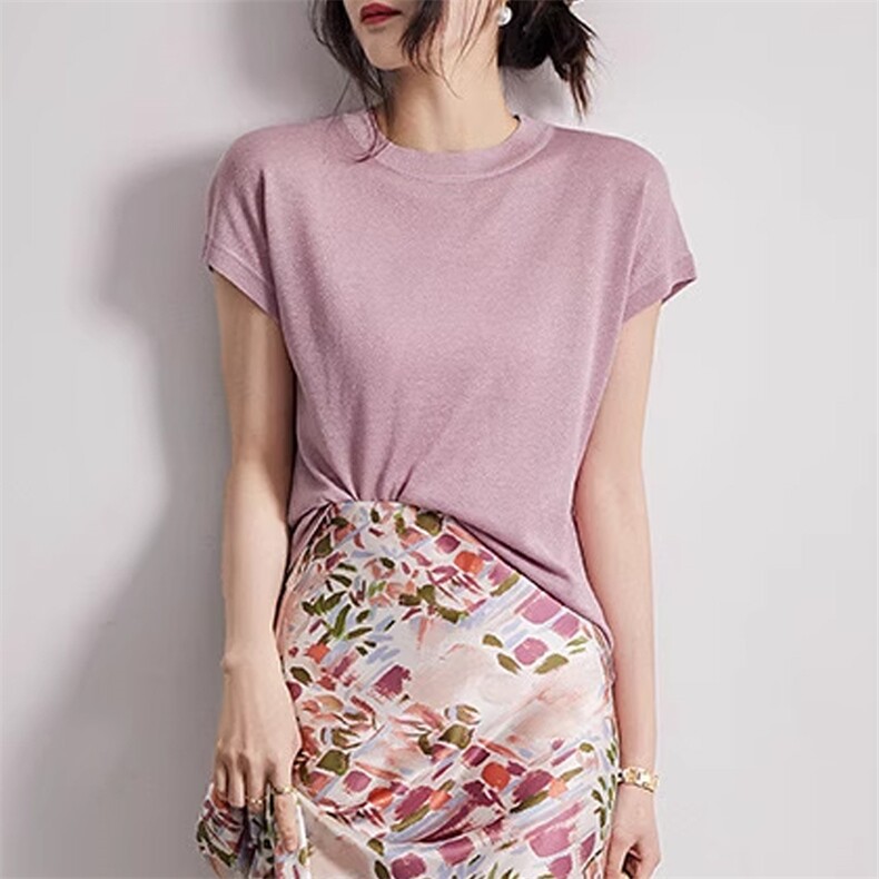 春夏新款银丝短袖T恤女圆领宽松百搭半袖套头针织打底衫上衣体恤，女装T恤，奢优羊绒