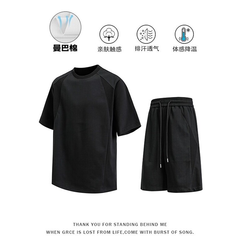 黑色索罗娜凉感t恤男夏季重磅小领口修身短袖boxy显壮正肩半截袖,男装休闲套装,电商A001-1