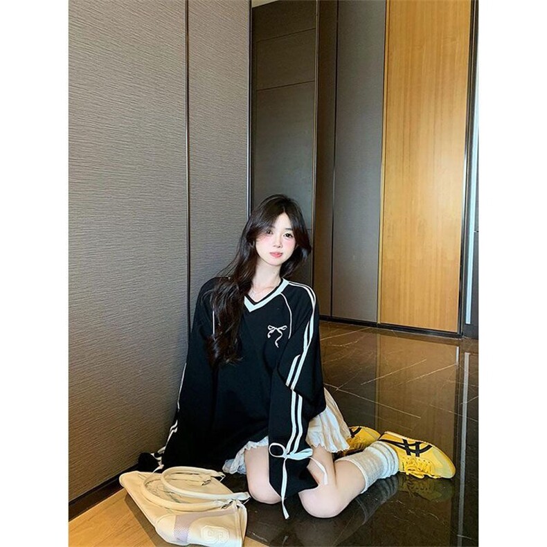 美式运动白色球衣v领条纹长袖T恤女春秋chic蝴蝶结设计感休闲上衣,男装T恤,星座506A