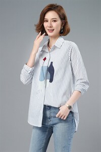 刺绣竖条纹衬衫女长袖2025春装韩版百搭设计感小众港风打底衬衣潮图片