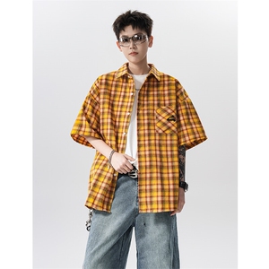 黄色格子短袖衬衫外套男 xh115-特p40图片
