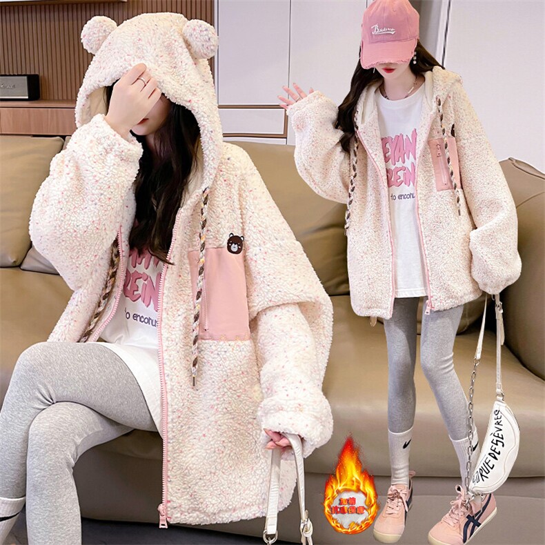 CC081-P130小熊彩点羊羔绒棉服新款冬季时尚加厚可爱连帽外套宽松,男装棉衣,星座911-3