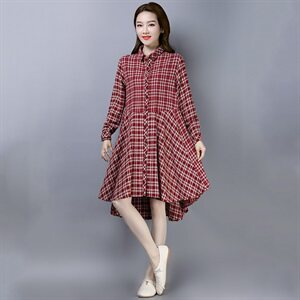 连衣裙棉格子立领件2021年春季长袖中长款拼接口袋,女装连衣裙,叶笙衣