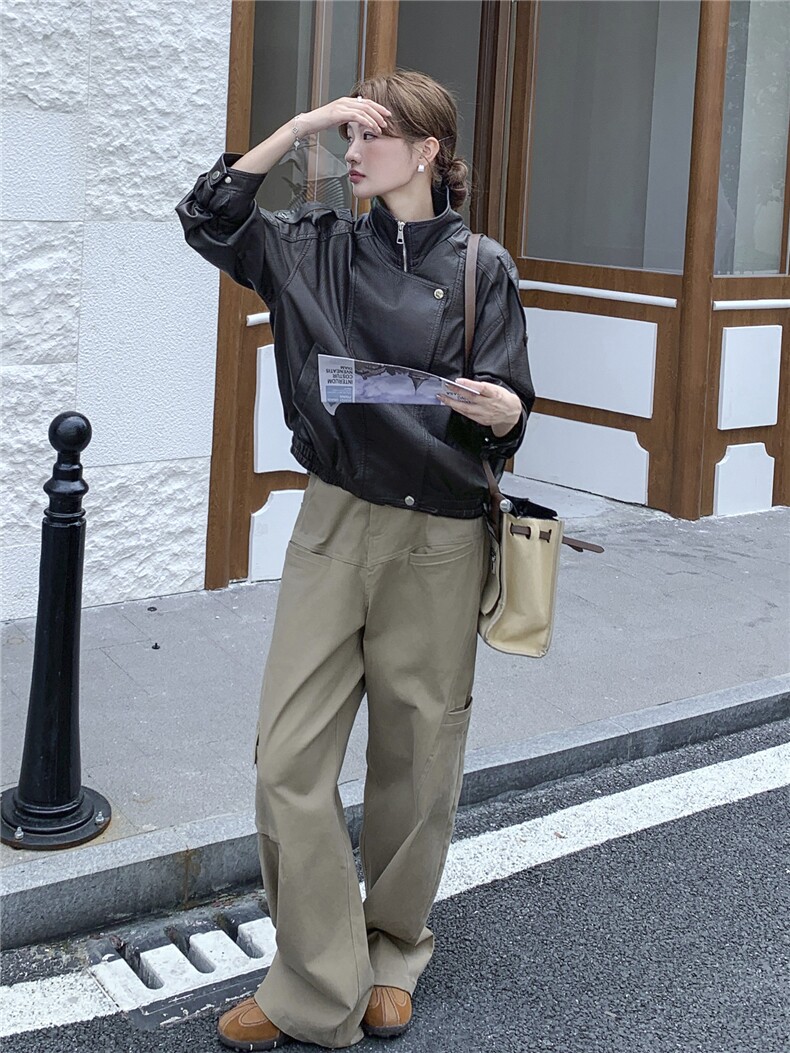 短款夹克新潮棕色长袖2025秋上衣机车服Pu皮外套女高级感显瘦外套,女装短外套,意芙