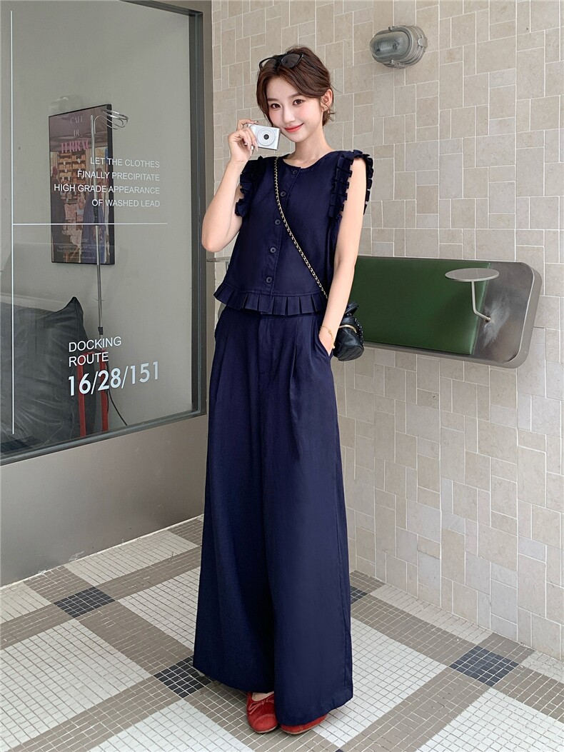 韩系木耳边无袖马甲套装女2025夏季新款气质显瘦百搭阔腿裤两件套,女装套装/套裙,浙宝208A