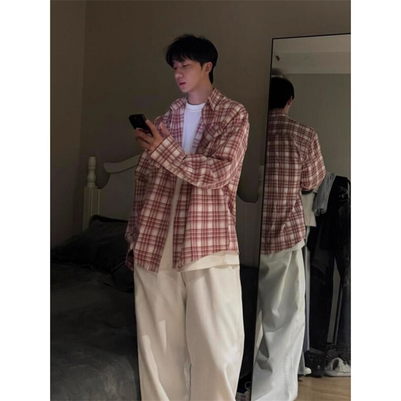 美式复古红色格子衬衫男款春秋潮牌条纹长袖衬衣外套CSK393,男装衬衫,星座516A