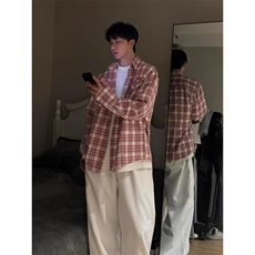 美式复古红色格子衬衫男款春秋潮牌条纹长袖衬衣外套CSK393，男装衬衫，星座516A