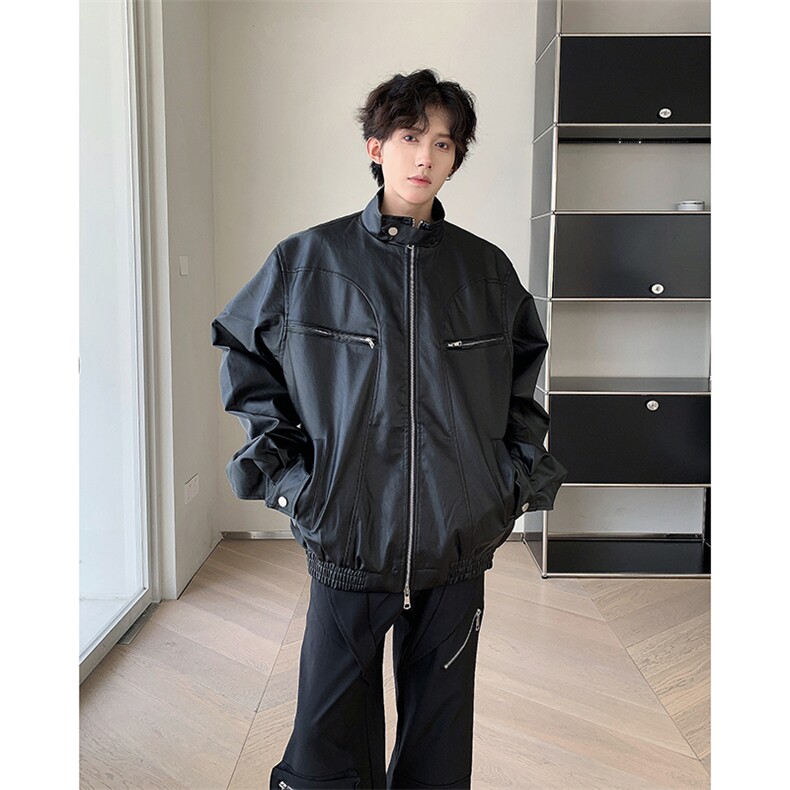 美式复古拉链pu皮衣夹克男女款春秋季街头机车服宽松潮牌外套ins,男装夹克,星座505-2（原电商A260-1)