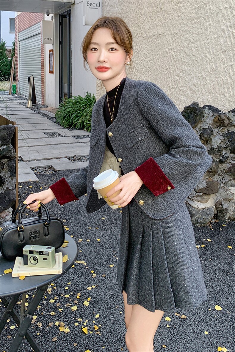 小香风羽绒套装女2025冬装新款气质小个子短外套a字裙两件套套装,女装套装/套裙,1D102-1