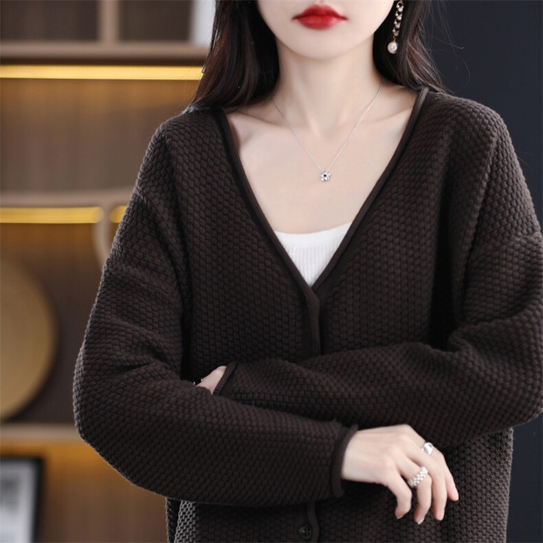 纯棉线长袖针织开衫女短外套毛衣V领宽松休闲外搭短款上衣线衫女,针织衫/毛衣,品高羊绒