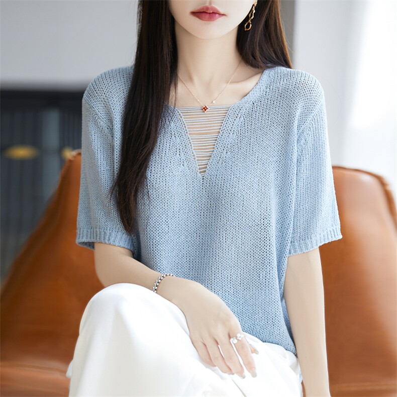 夏季v领天丝亚麻针织短袖t恤女宽松镂空显瘦套头半袖打底纯色上衣,针织衫/毛衣,唐诺