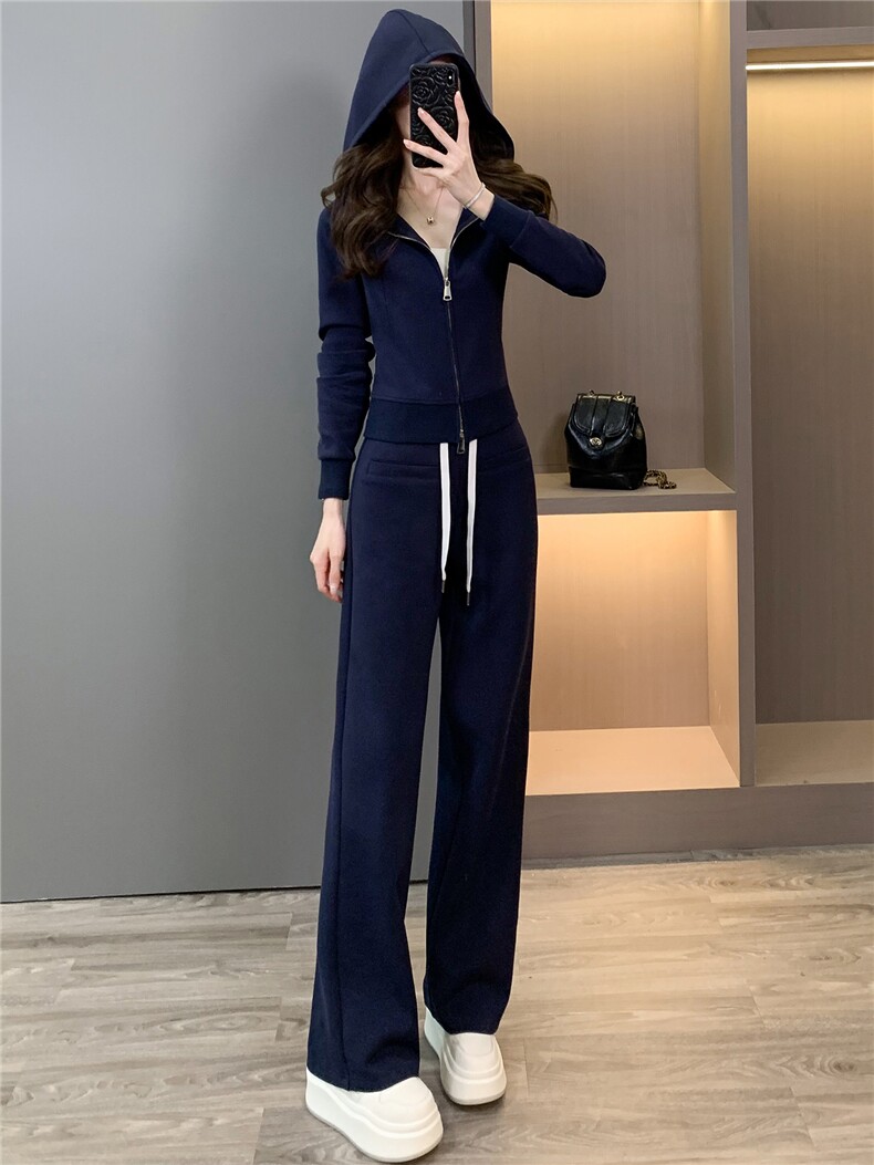 高端时尚套装女秋季新款修身显瘦双头拉链开衫卫衣阔腿长裤两件套,女装套装/套裙,江南