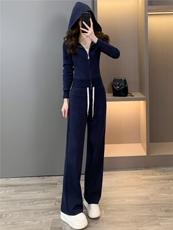 高端时尚套装女秋季新款修身显瘦双头拉链开衫卫衣阔腿长裤两件套，女装套装/套裙，江南
