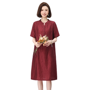高端天丝短袖连衣裙女2025夏季新款洋气妈妈时尚大码宽松遮肚裙子图片
