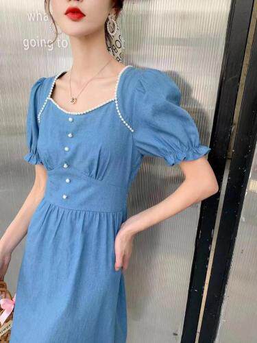 2021年夏季新品牛仔镶珍珠收腰显瘦连衣裙，女装连衣裙，圣伊敏