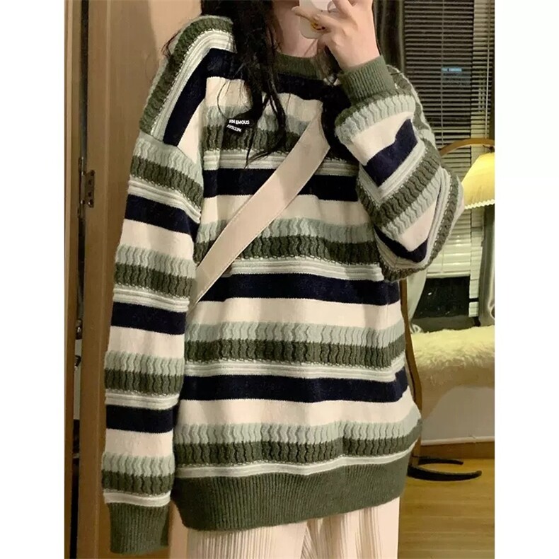 美式复古学院风条纹毛衣女秋冬日系慵懒风潮牌宽松软糯糯针织外套,男装针织衫/毛衣,星座506A
