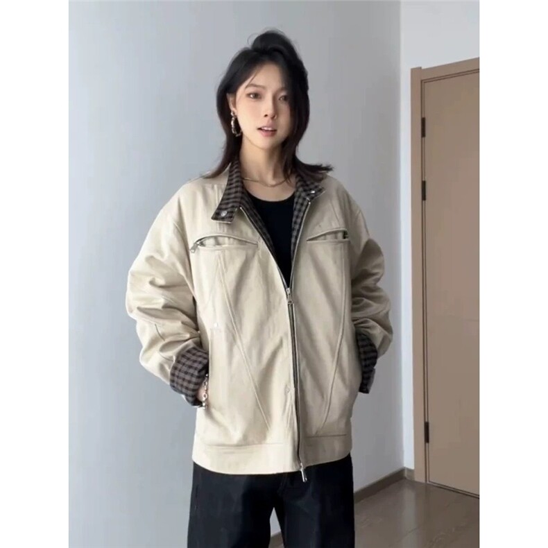 J526-P81潮流脏洗做旧拉链卫衣衫上衣米色宽松休闲女春秋季,男装卫衣,电商B323A