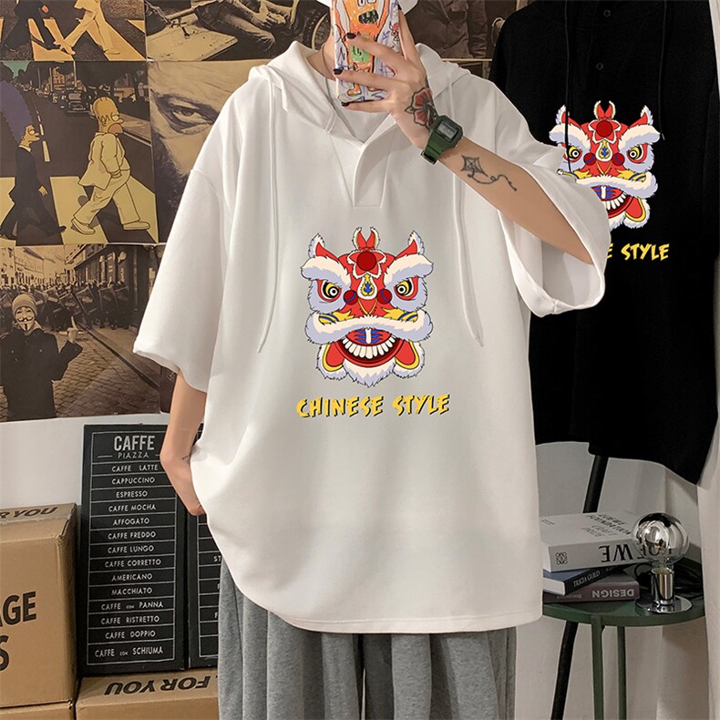 LD54185-P45 连帽短袖t恤男大码胖子带帽五分袖中袖图片