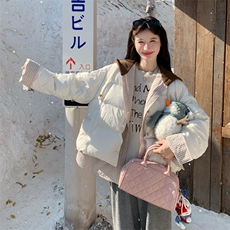 白色撞色拼接假两件保暖针织连帽羽绒服190-5083-90-P350K488，女装羽绒服，2B190