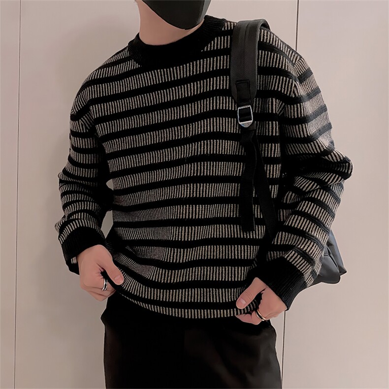 LV294/P85控115美式条纹男款针织衫毛衣冬季保暖百搭休闲打底衫黑,男装T恤,星座305B
