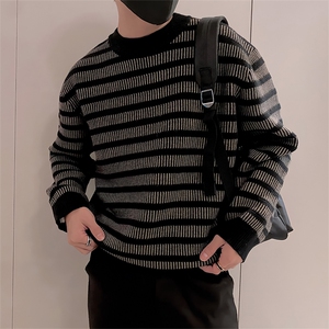 LV294/P85控115美式条纹男款针织衫毛衣冬季保暖百搭休闲打底衫黑图片