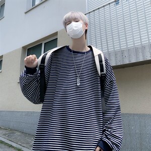 夏季日系宽松情侣条纹T恤潮流港风ins长袖圆领上衣男 T1301-P24图片