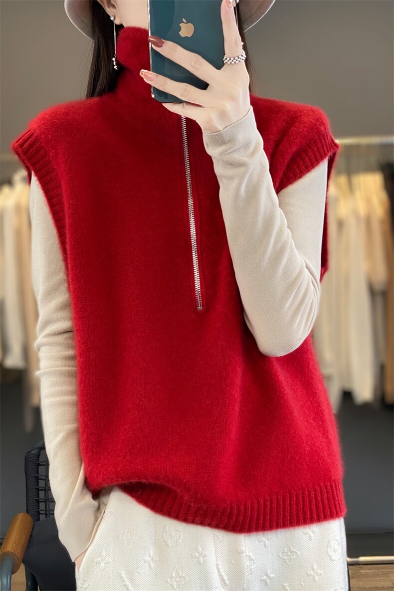 复古纯羊毛马甲无袖针织衫马甲上衣女秋冬半拉链叠穿套头背心外穿,女装马甲,暖烁羊绒