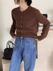 时尚圆领金扣100针织开衫女上衣春秋韩版短款毛衣羊毛外套，女装羊毛衫，圣旺供货