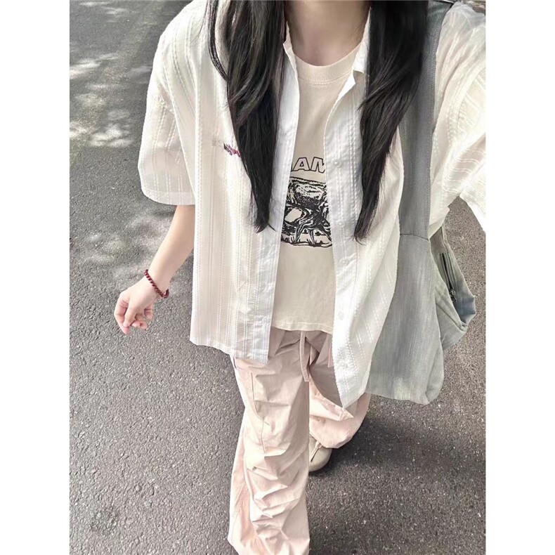独特好看短袖衬衫女小个子夏季复古刺绣宽松百搭半袖条纹衬衣上衣,男装T恤,星座1210-1