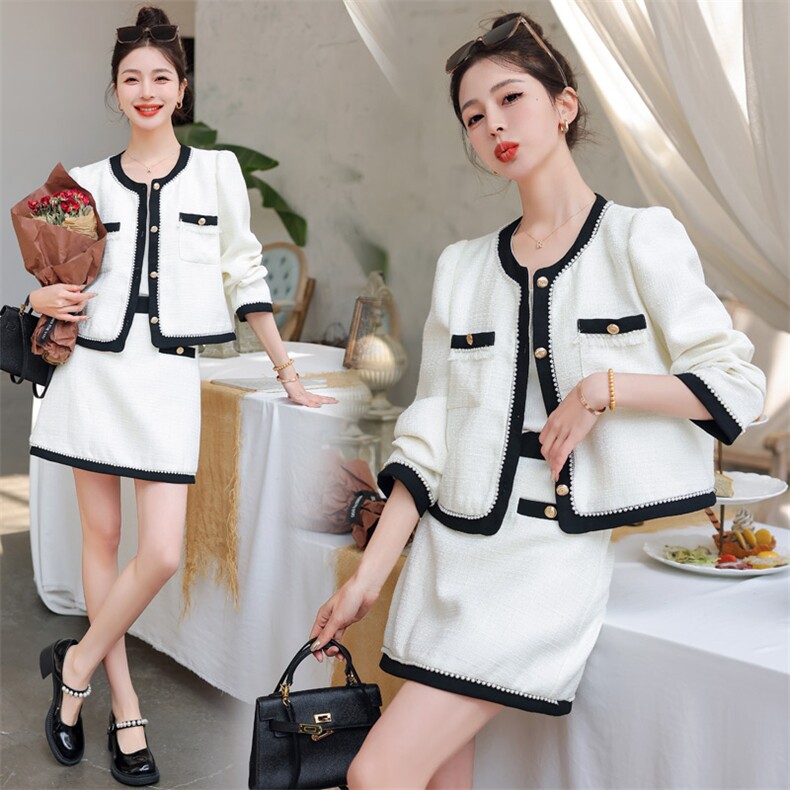 2023新款春装小香风套装法式复古半身裙珍珠装饰撞色上衣两件套，女装套装/套裙，韩蜜菓