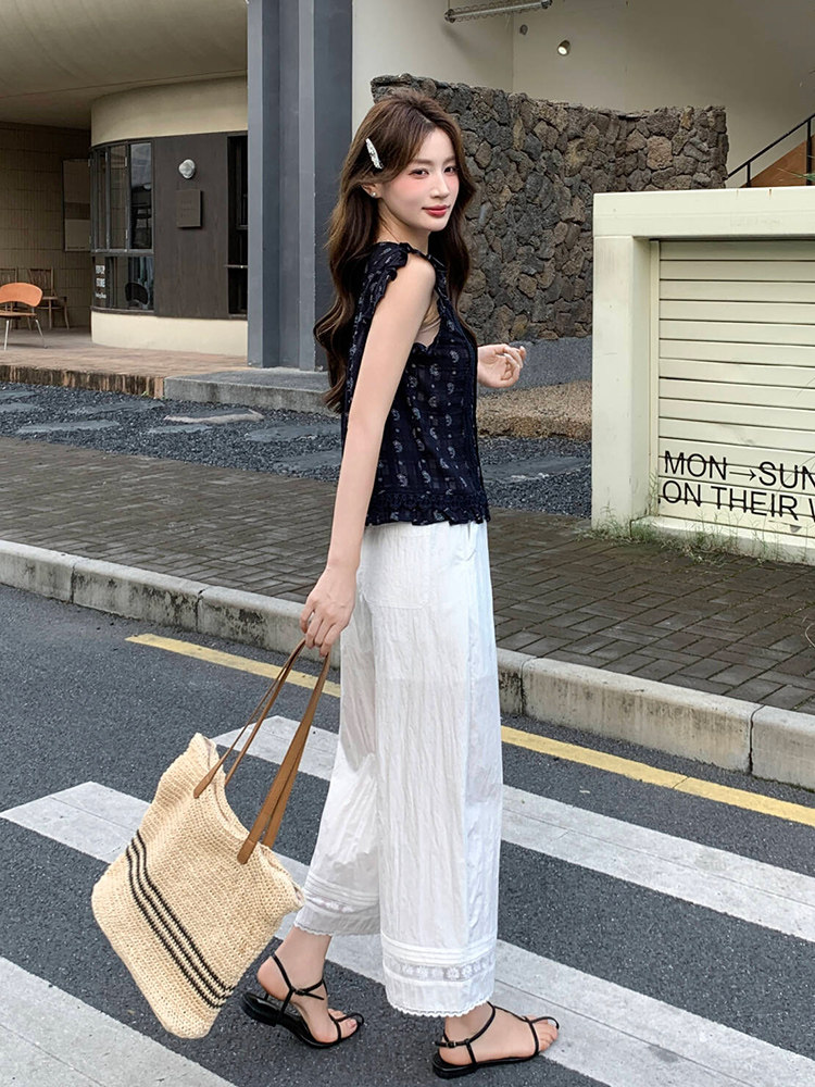 2026夏季新款韩系穿搭一整套轻熟气质无袖上衣宽腿裤两件套,女装套装/套裙,超帛
