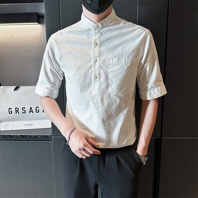 夏季男士七分袖麻料立领衬衫男休闲修身休闲衬衣A236-C666-P55图片