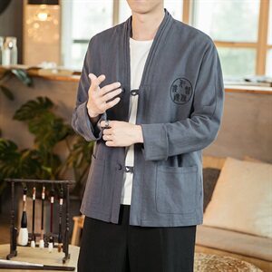 2021春秋季风亚麻夹克男复古刺绣盘扣外套QT6005-J图片