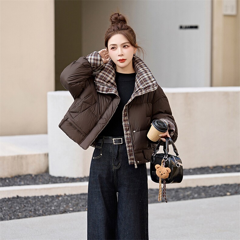 短款羽绒服女2024冬季新款小个子高级感超好看洋气拼接格子面包服,女装羽绒服,艾尚靓装