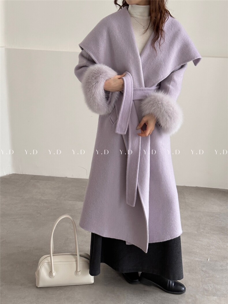 【依嘟】新年圣诞2025冬狐狸毛袖高级感中长款羊毛外套(配腰，女装双面呢大衣，依嘟服饰