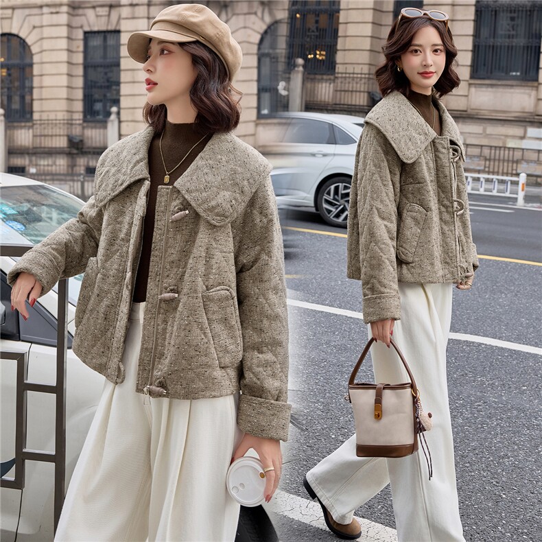 2025秋冬新款时尚大翻领毛呢夹棉外套,女装棉衣/棉服,依路服饰