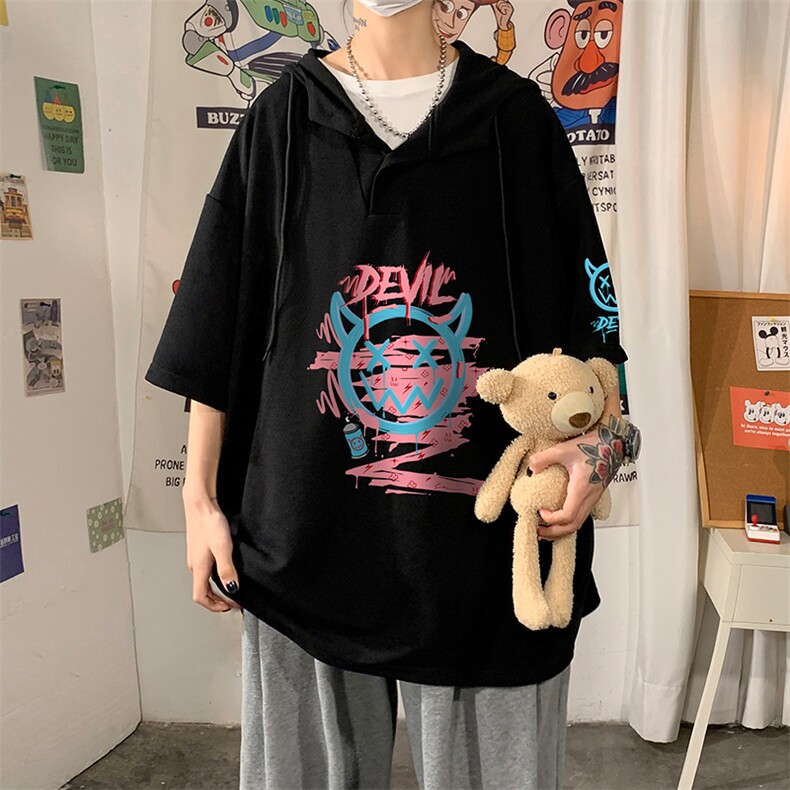 LD54178-P45连帽短袖t恤男大码胖子带帽五分袖中袖海报风,男装T恤,电商A040