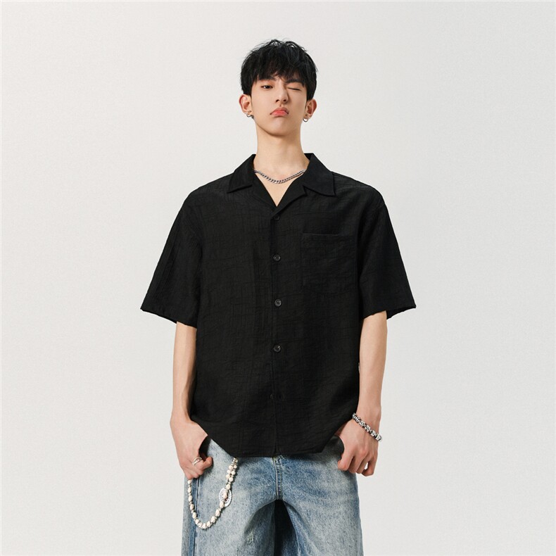 夏季美式复古慵懒衬衫男士百搭宽西装领松短袖衬衫C53/P75119,男装衬衫,星座202