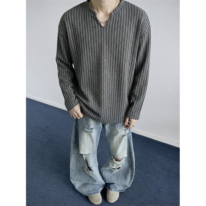 美式高街千鸟格子长袖T恤男女亨利V领英伦雅痞休闲宽松长袖打底衫，男装T恤，电商A443