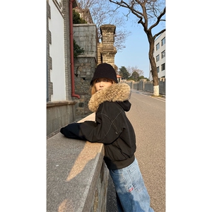 现货重磅boxy短款棉衣座山雕大毛毛领男女棉服水洗工装厚外套图片