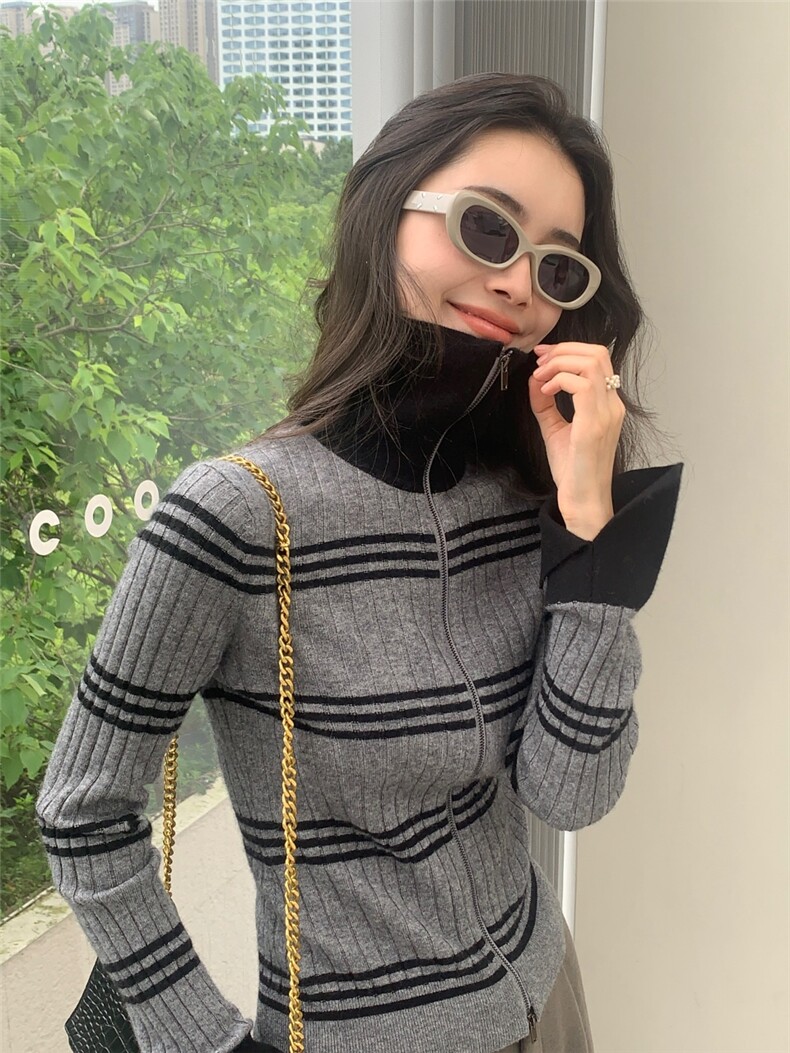时尚新款条纹开衫女翻领纯色毛衣修身拉链针织外套,针织衫/毛衣,玛卡隆羊绒