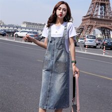 简约个性拼色中长款牛仔连衣裙2021年夏季时尚潮流舒适，女装连衣裙，秋水欣儿