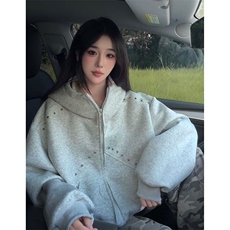 抖音得物高品质二开26春装美式高街铆钉拼接纯色开衫卫衣外套W122，女装短外套，电商A486-1