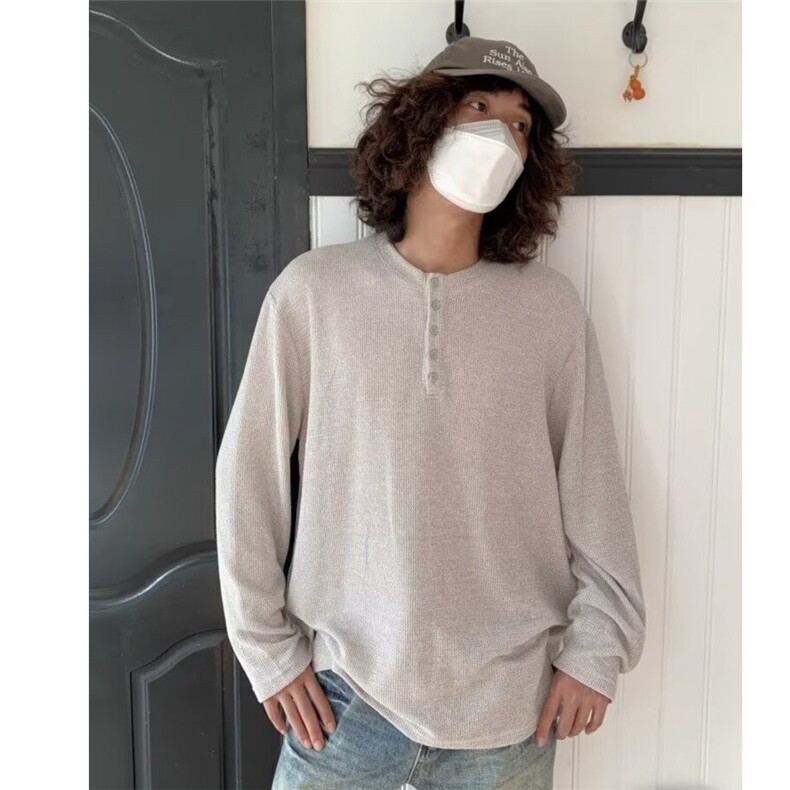 日系复古肌理镂空亨利领长袖T恤男秋冬季纯色宽松打底衫,男装T恤,星座506A
