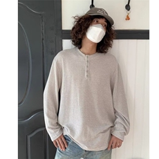 日系复古肌理镂空亨利领长袖T恤男秋冬季纯色宽松打底衫，男装T恤，星座506A