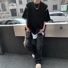 美式高街假两件华夫格短袖t恤男夏季拼接设计半袖体恤TX2052-p43，男装T恤，星座1008-2