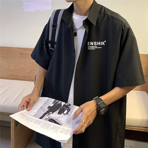 EQ54*港风夏季潮流冰丝衬衫男字母简约印花短袖衬衣宽松韩范百搭图片