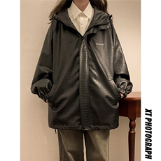 中性连帽鳄鱼纹PU皮衣大码情侣休闲冲锋衣夹克男JK8744P90控128，女装短外套，星座226-1